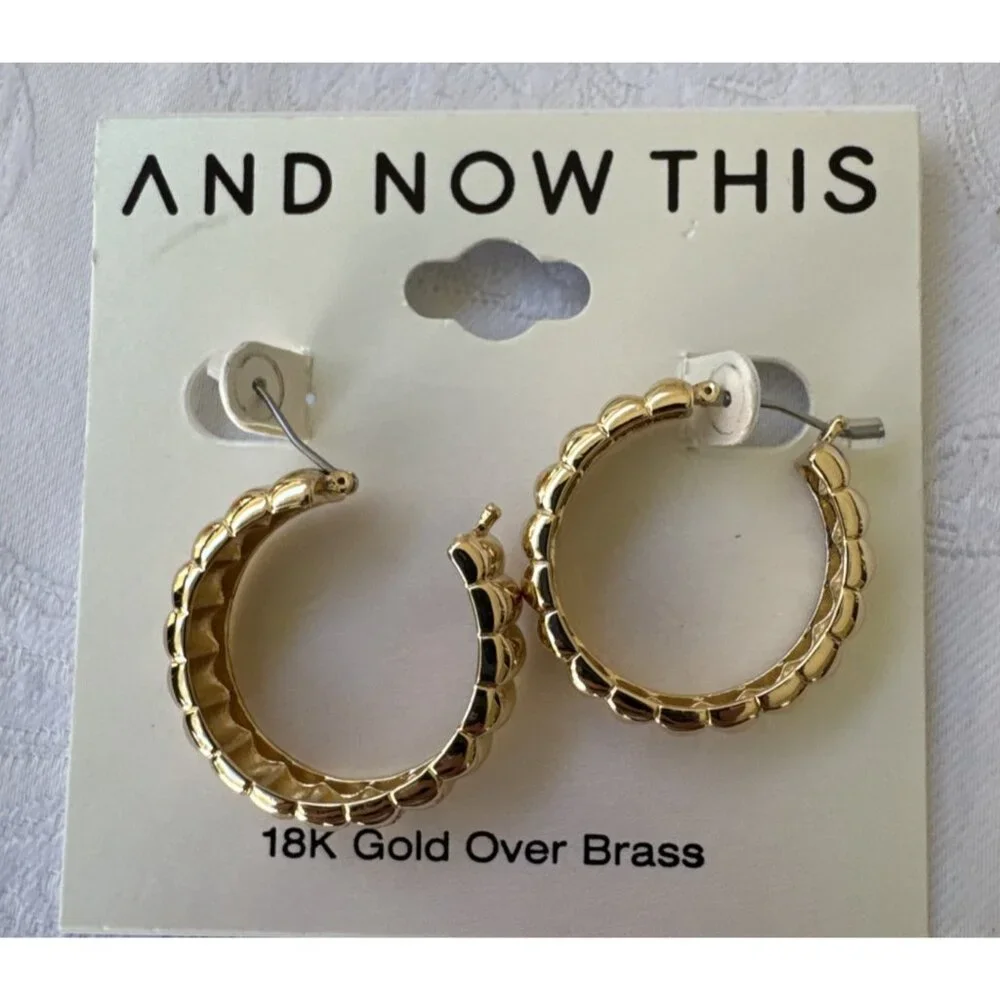 And Now This 18 KT Gold Brass Textured Hoop Earrings Classic 1.25" NEW $50 - Picture 6 of 7